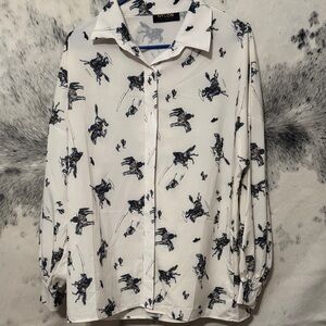 White and Blue Cowboy Print Button-Up Shirt